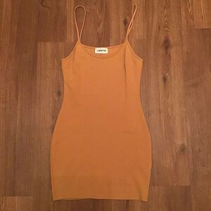 Lorette Dress Womens Small Tan Stretch Sheath Strappy Sleeve